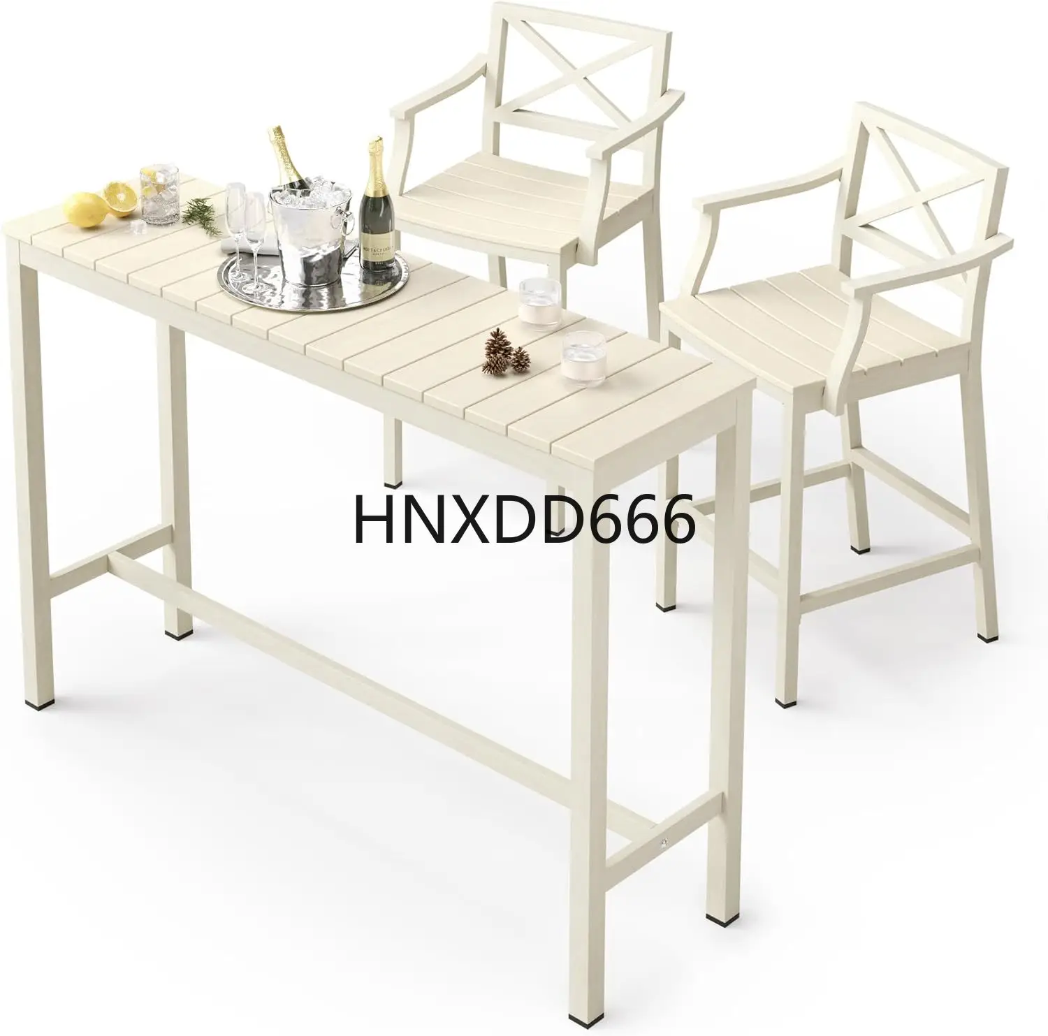 

3 Piece Patio Pub Bar Set with 55" Slatted High Top Table and 2 Armrest Bar Stools for Balcony, Poolside, Yard, Teak