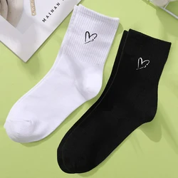 2 Pairs Embroidered Medium Length Socks Women's Autumn Fashion Love Fresh Sweat Absorbing Breathable Black White Girl Socks