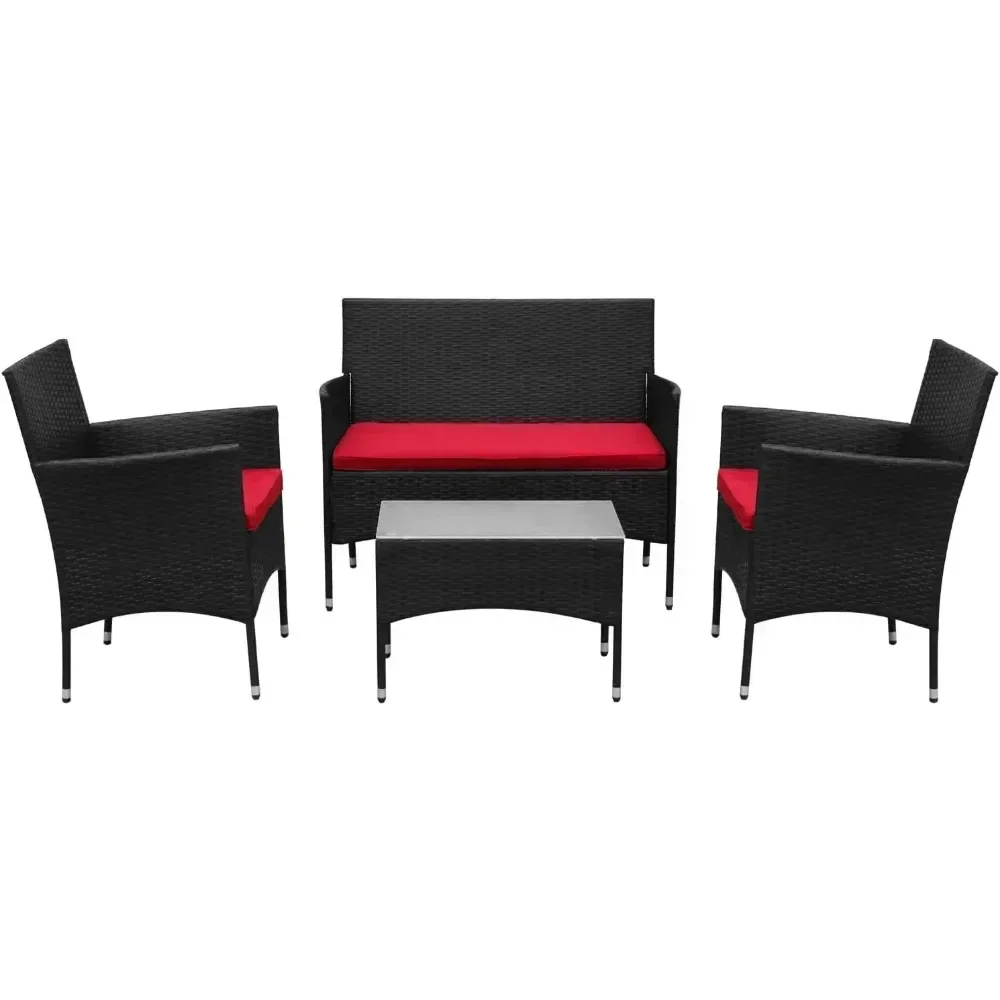 Conjunto de sofá de vime para pátio de 4 peças com almofadas, cadeira de conversa de móveis de vime para exterior e mesa de centro de vidro, preto + vermelho