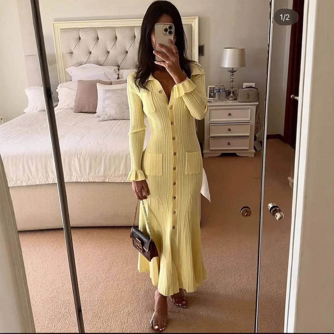 

Elegant High Waist Knitted Long Sleeve Single Button Pure Color Dress Holiday Style A-Line Skirt for Teenage Girls