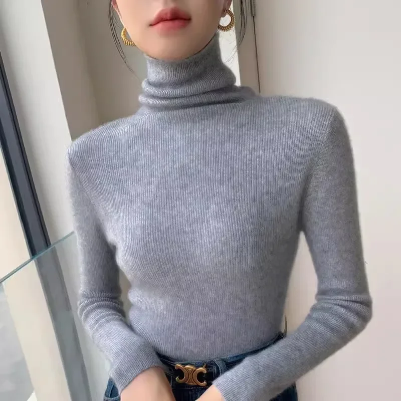 Frauen Gestrickte Dünne Weiße Pullover Casual Solide Pullover Langarm Tops Herbst Winter 2025, Rollkragen Jumper Weibliche