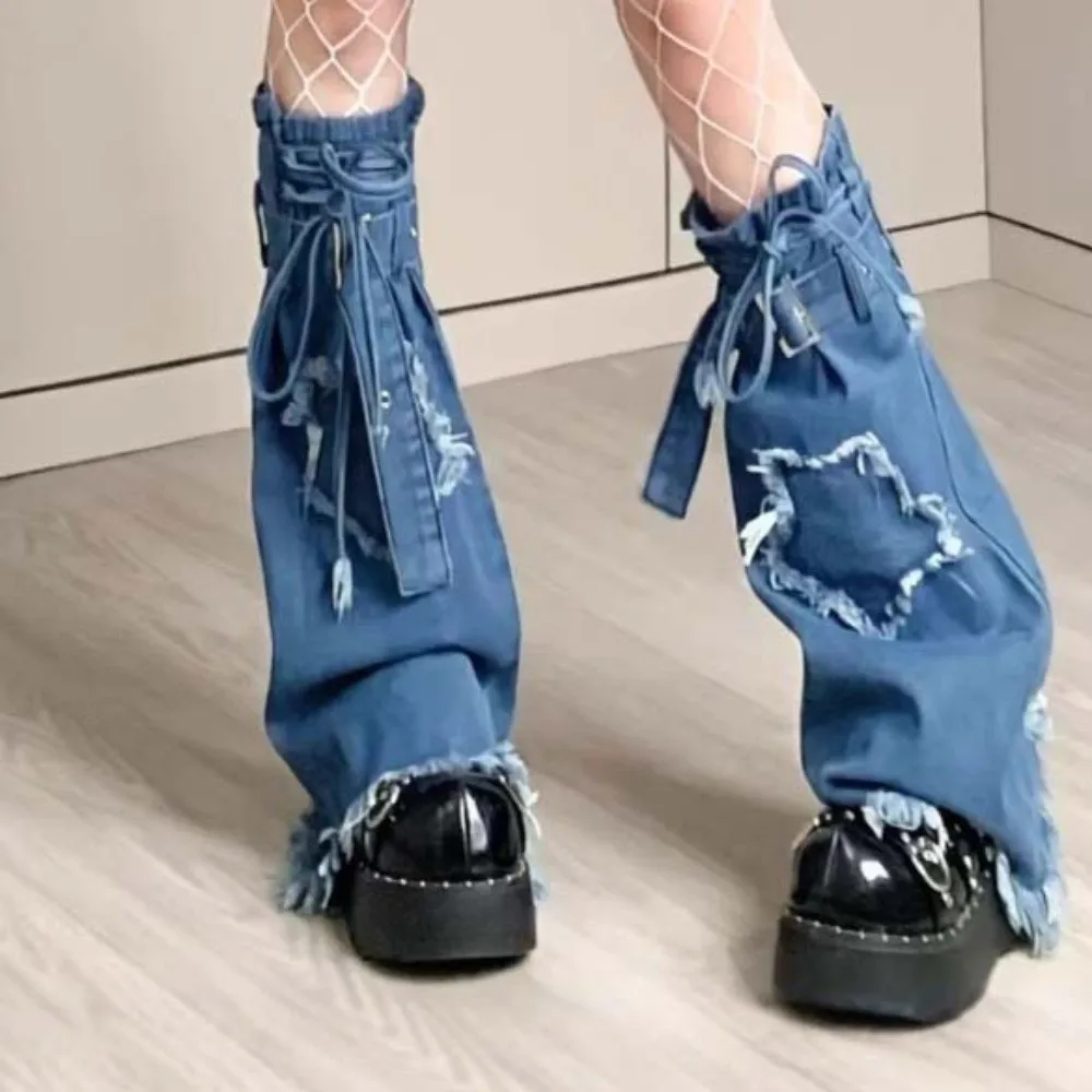 Japanese JK Lolita Y2K Denim Leg Warmers Stars Drawstring Cross Trumpet Leg Covers Pile Up Socks Denim Cloth Long Stockings