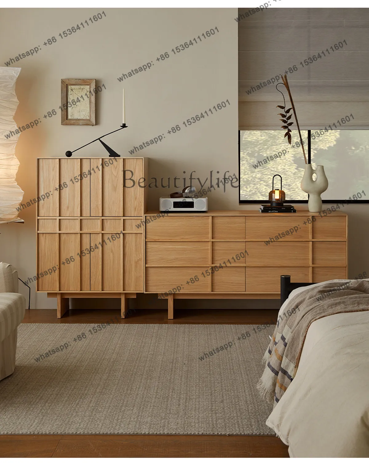 

Simple modern log style high side cabinet white oak solid wood living room minimalist locker