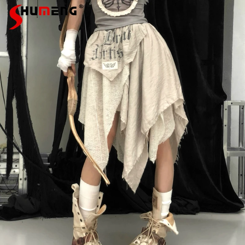 

Japanese Style Original Irregular Patchwork Printed Vintage Distressed Skirt High-waisted Elestic Long Skirts Women's Clothes