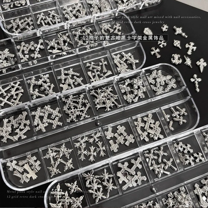 12 Fächer/60 Stück Goth-Punk-Nagelcharms, Nieten im dunklen Vintage-Stil, Kreuz-Nagelkunst-Applikationen, Y2k Premium Metall-Stil Nagel-Metalldekorationen – Detail 4