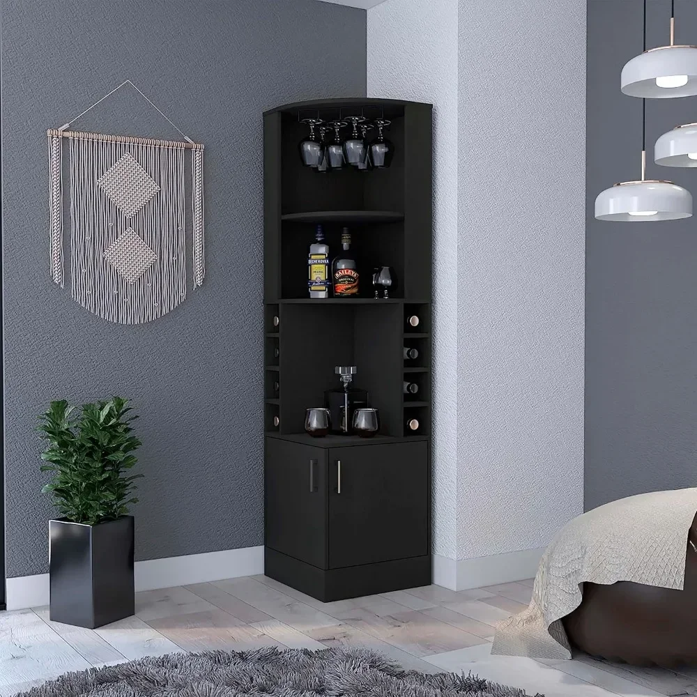 

Corner Bar Cabinet with 8 Wine Racks and Glasses Holder, Tall Wine Bar Cabinet for Liquor and Glasses, Farmhouse Sideboard Stora