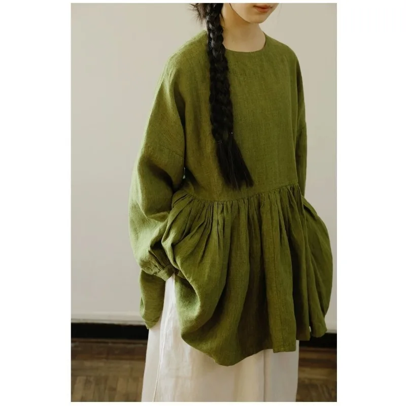 

Literary Retro Moss Green Pleated Long-sleeved Loose Baby Top