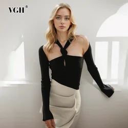 VGH Sexy Hollow Out Solid Knitting T Shirts For Women Halter Long Sleeve Backless High Waist Slimming T Shirt Female Fashion New