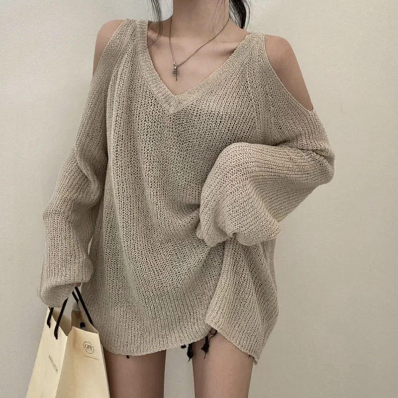 Spring Summer New Knitting Pullovers Women V-neck Fashion Long Sleeve Solid Color Tops Off Shoulder Hollow Out Female Clothing