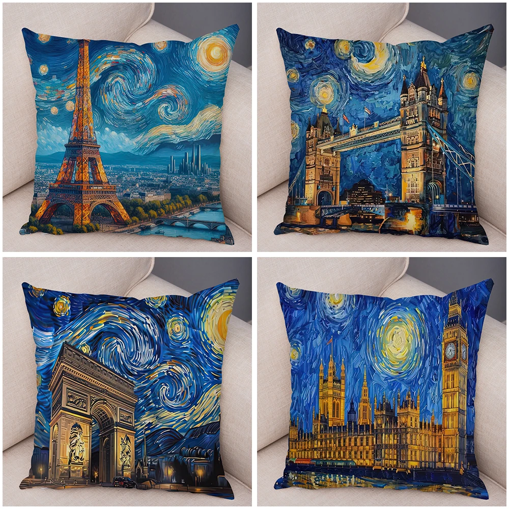 New York Paris London Rome Cushion Cover Decor Starry Sky Art Double Print Pillow Case Soft Plush Pillowcase for Sofa Home Car