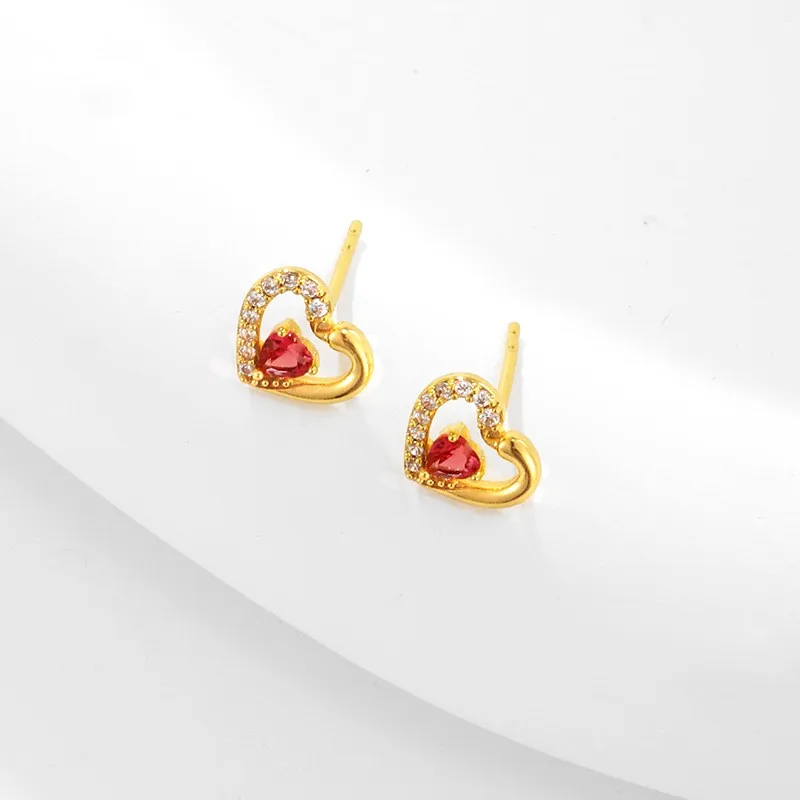 

24K Gold Plated Love Heart Trendy Earring Charm Gold Filled Jewelry Red Zircon Pave CZ Ear Studs For Women Exquisite Decorations