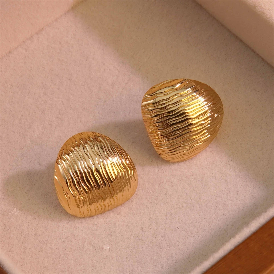 UILZ Gold Color Stainless Steel Metal Heart Stripe Stud Earrings Waterproof Personalized Texture Charm Lovely Jewelry Gift image 3