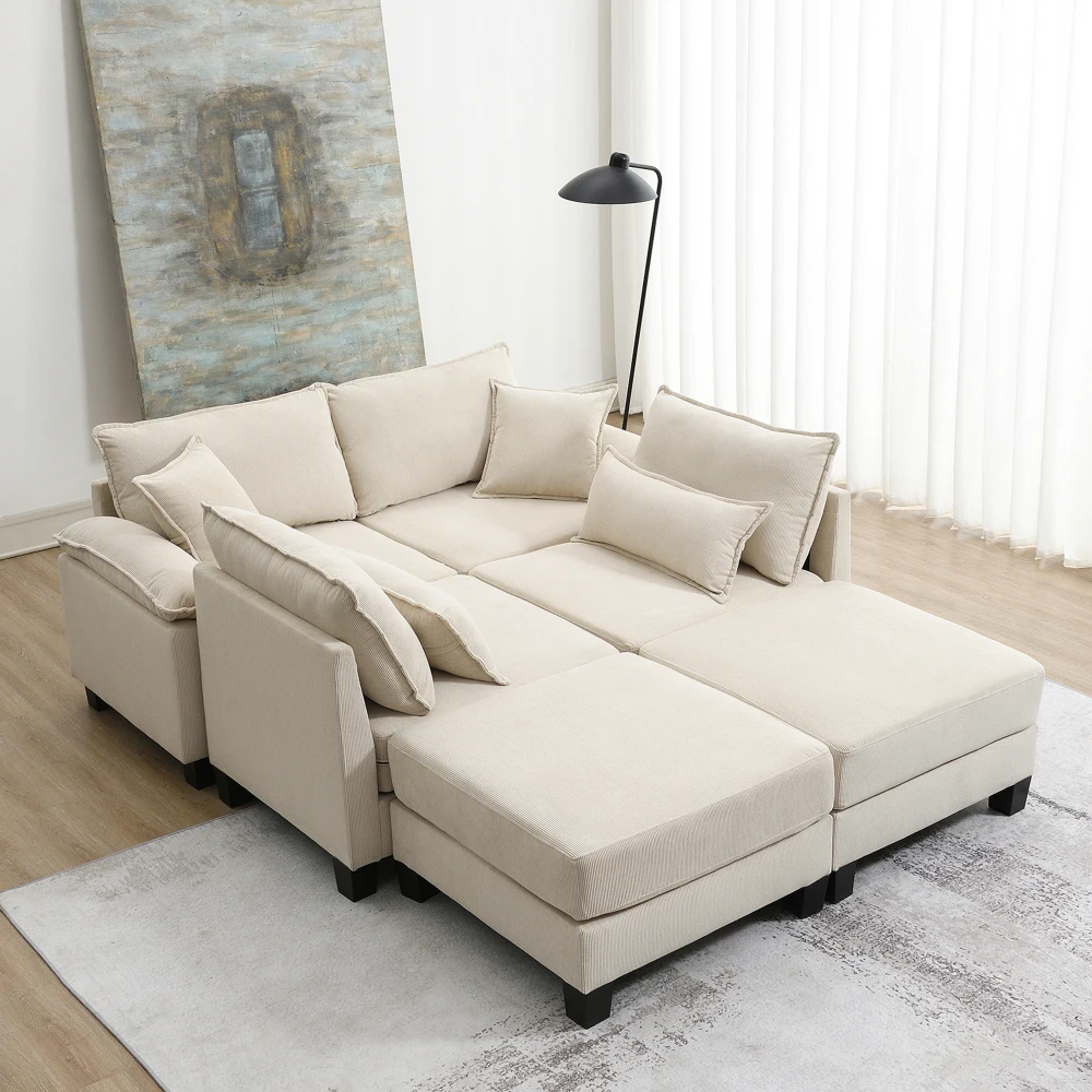 Wide Seat Corduroy Modular Sectional Sofa Bed, 6-Seat Sleeper with Armrest Pillow & Ottomans, Free Combination Couch