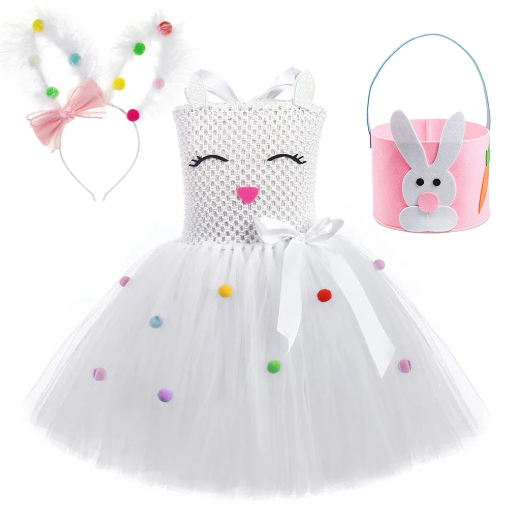 

Kids Easter Bunny Costumes for Baby Girls White Rabbit Tutu Dress with Ears Bow Basket Children Halloween Animal Cosplay Outfit