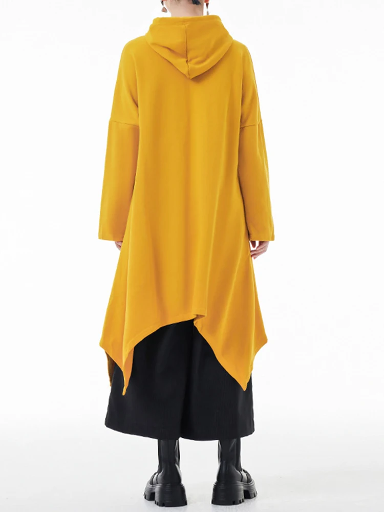 EAM Yellow Irregular Midi Sweatshirt New Hooded Drawstring Long Sleeve Women Big Size Fashion Tide Spring Autumn 2023 1DH3876