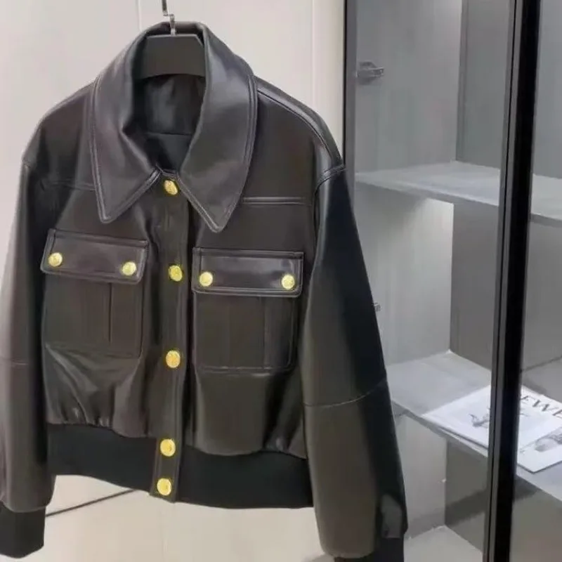 Luxury Women's Black Leather Jacket PU Leather Coat Spring Autumn Metal Button Pocket Outerwear Streetwear Short Top Long Sleeve