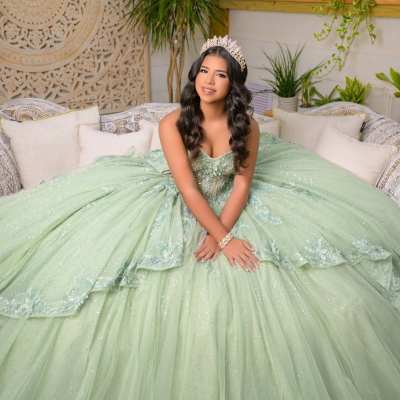 Sage verde brilhante quinceanera vestidos fora do ombro apliques rendas miçangas cristal espartilho tull festa de aniversário doce 16 vestido