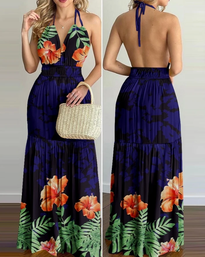 

Womens Dresses 2024 Summer Tropical Print Halter Backless Sleeveless Casual Tied Detail Vacation Maxi Straight Dress