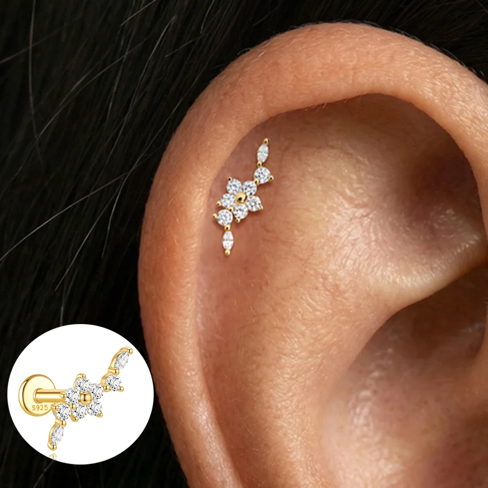 AIDE 925 Sterling Silber Fünfblättrige Blume Pferdeaugen CA Zirkon für Damen Knorpel Helix Flachrücken Piercing Ohrring Party Geschenke – Detail 5