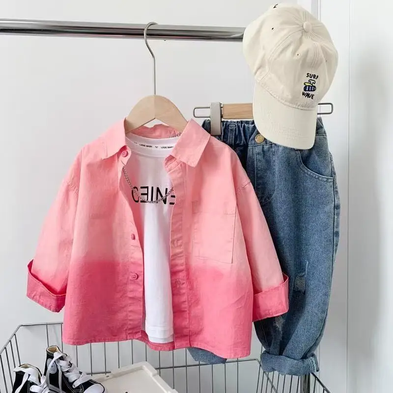 Boys' Pink Shirt New Fashionable Spring and Autumn Children's Long Sleeve Shirt Korean Coat Kids Top
