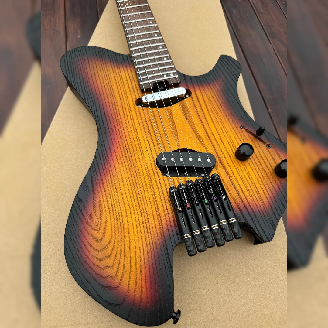 

Матовая безголовая дорожная гитара Sunburst | Телеприемник, корпус из ясеня, гриф из жареного клена, гриф из палисандра, фиксированный мост