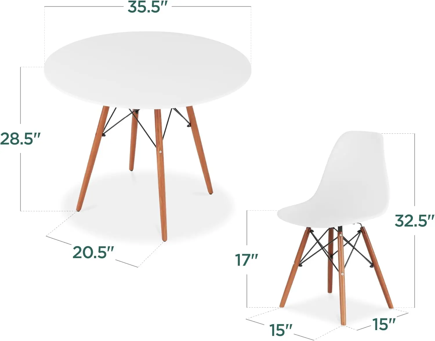 Compact Mid-Century Modern Table & Chair Set for Home, Apartment w/ 4 Chairs, Plastic Seats, Wooden Legs, Metal Frame - Brown/Wh