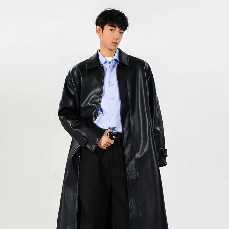 Mens PU Trench Coat 2025 Autumn Winter Windproof Long Outerwear Jacket Fashionable Trendy Leather Coat For Men