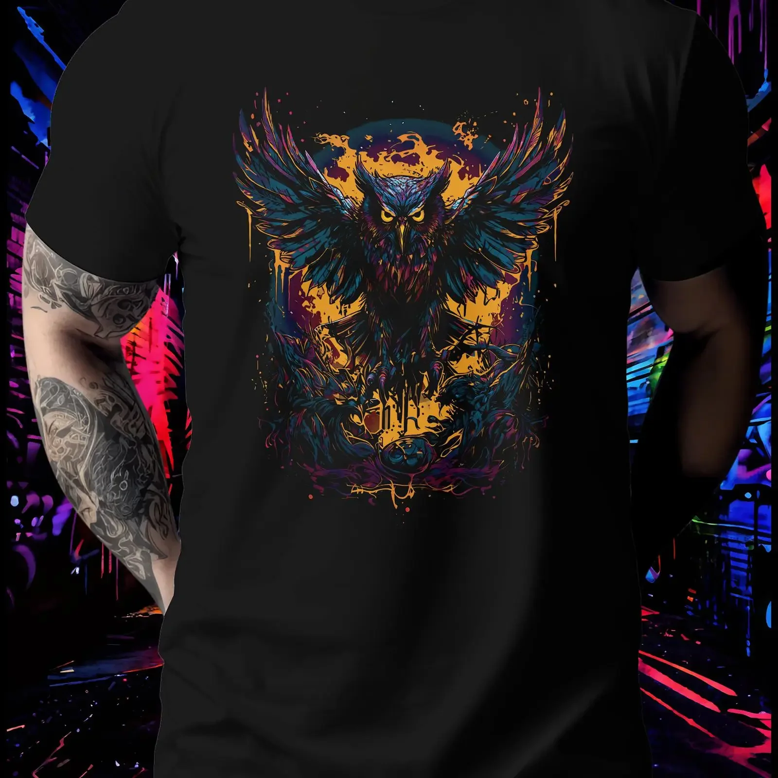 Abstract Colorful Owl Art T Shirt Wings Spread Bird Illustration Artistic Apparel vintage Washed graphic Slightly Stylish Soft