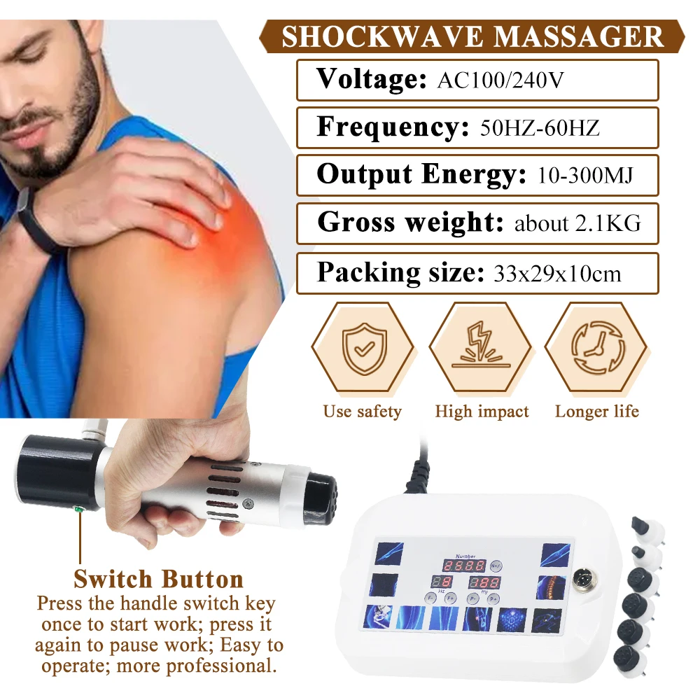 Fisioterapia Shockwave Therapy Machine 300MJ Shock Wave Massager para tratamento de ED Aliviar a dor na cintura New Tech Handle Massager