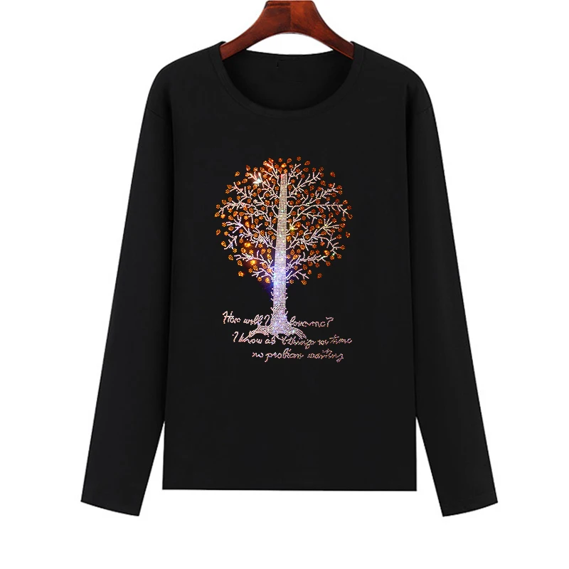 Hot selling beautiful diamonds, gold and silver trees, hot diamond women's T-shirts, spring and autumn long-sleeved casual loose