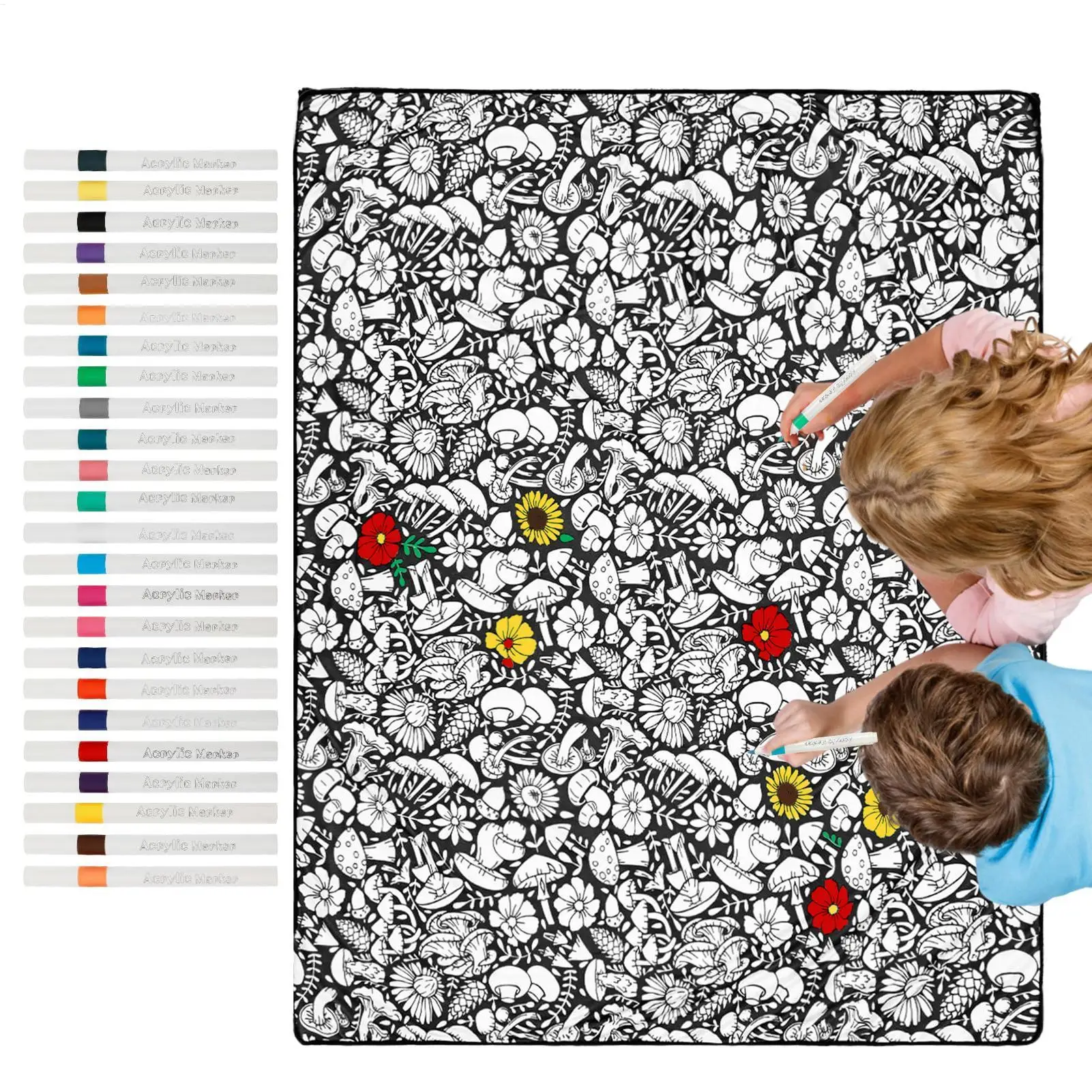 Coloring Blanket for Kids 59x45 Inch Reusable Washable Mat with 24 Markers Colorable Blanket for Adults Kids DIY Crafts Travel