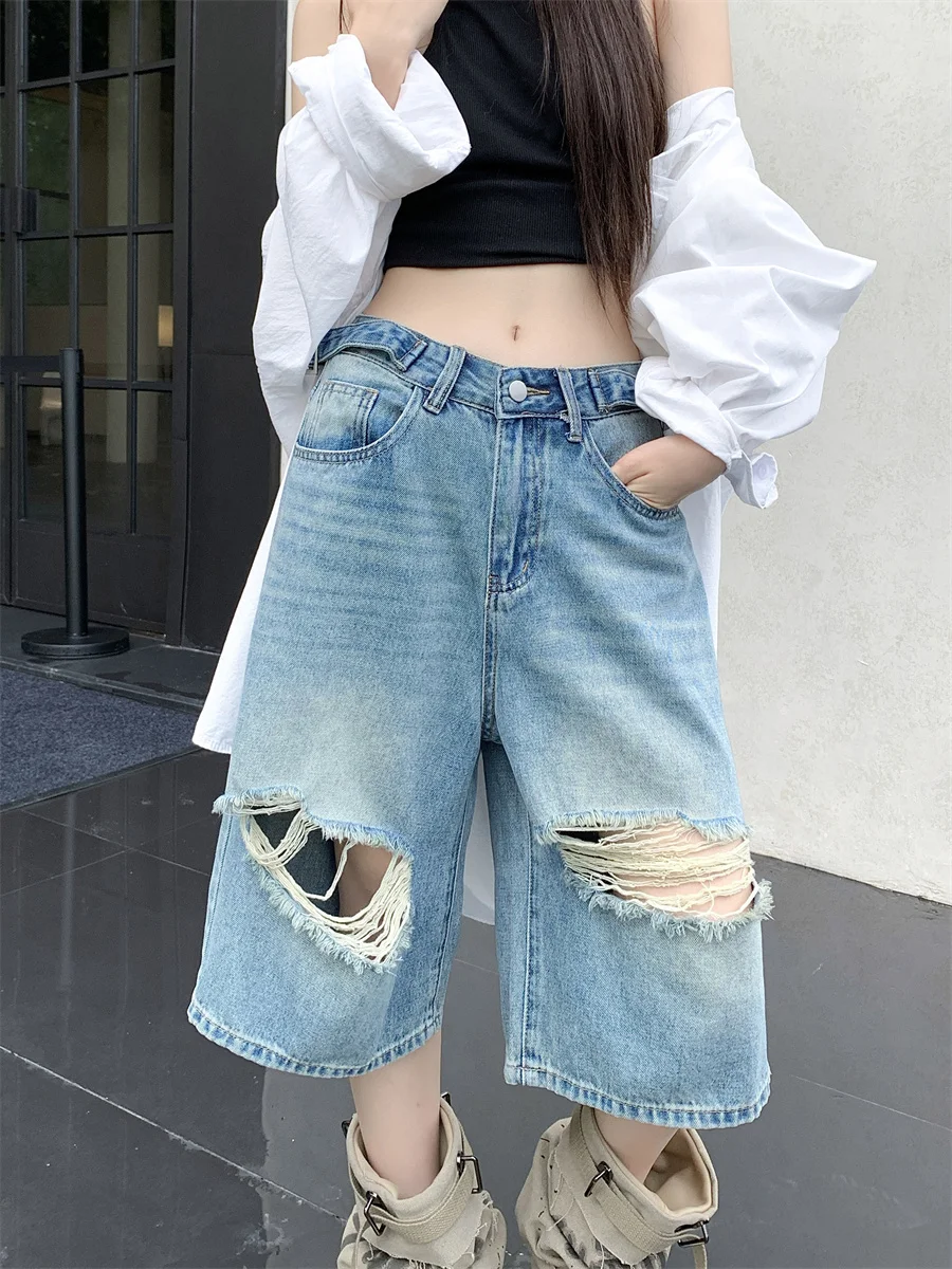 

Slergiri Summer retro adjustable waist ripped jeans women american casual streetwear washed loose wide leg denim cropped pants