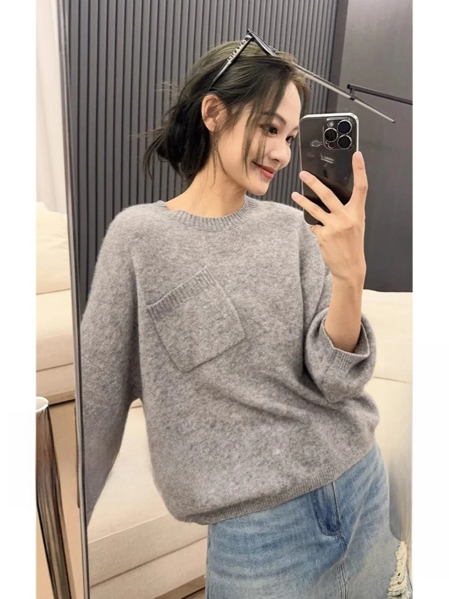 

Женский кашемировый вязаный свитер с диагональным карманом, круглым вырезом, свободного кроя, с длинными рукавами, для повседневной носки зимой