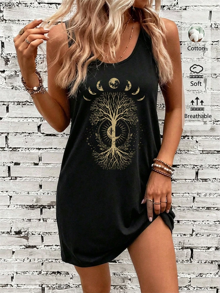 2026 New Women's Summer Sleeveless Print Dress with Tree and Moon Motifs — Women's Fashionable Trendy Street-Style Dress