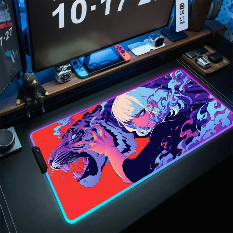 Anime Girl Tiger Head Mousepad Gamer Desk Mats Led Pc Cabinet Cool Mouse Pad Large Keyboard Gaming Luminescence Mat Rgb Carpet