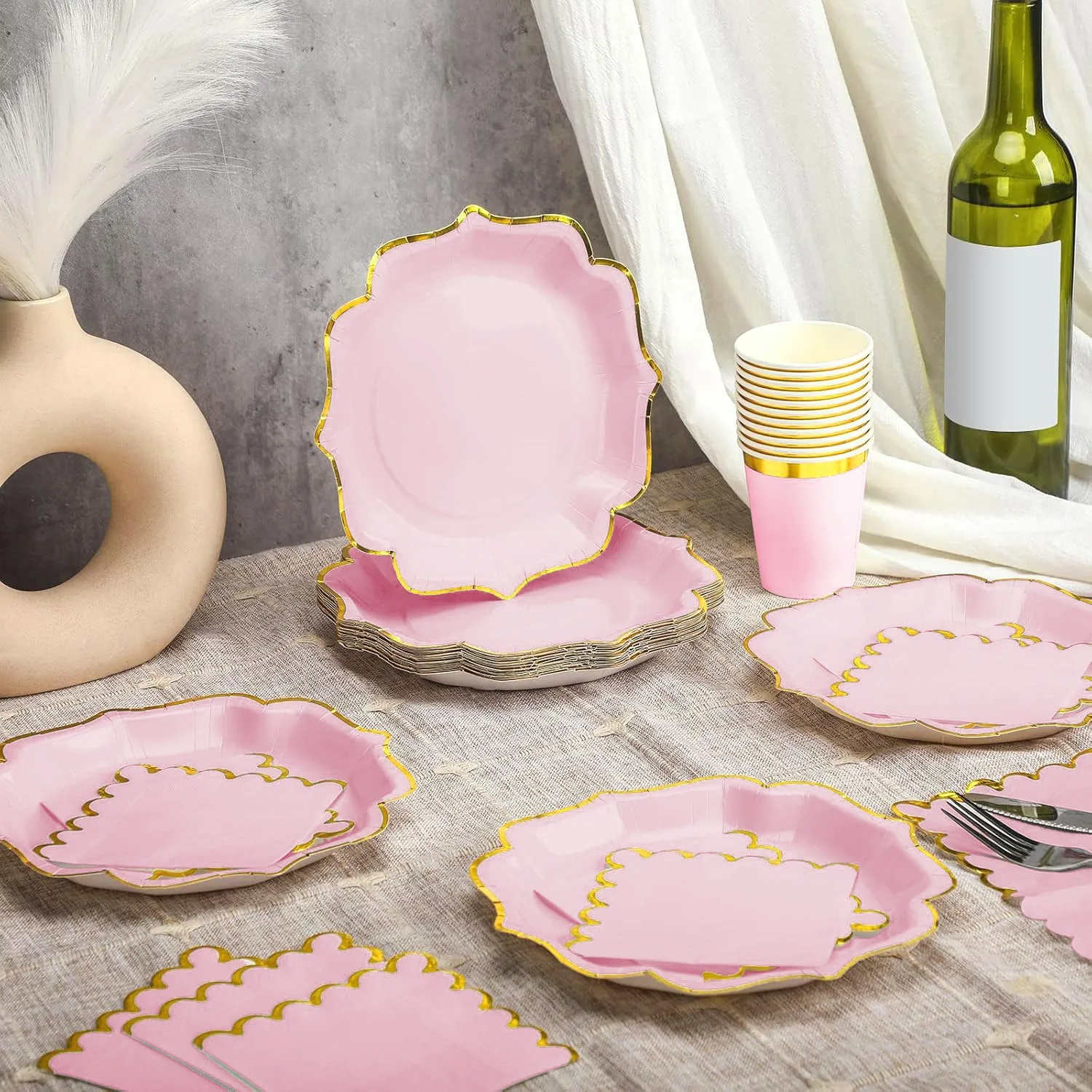 10 Stück rosa goldene Spitzen-Einweg-Pappteller und Servietten-Set für Hochzeit, Geburtstag, Party, DIY-Zubehör