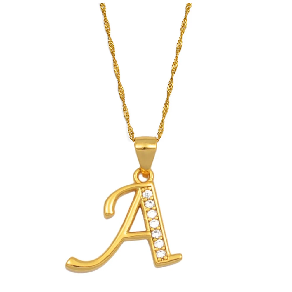 Anniyo A-Z Letters Necklaces Gold Color Alphabet Initial Pendant Chain Women Girl Cubic Zirconia English Letter Jewelry #040602