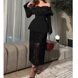 Elegant Classic Black Women Prom Dress Illusion Lace Off Shoulder Pretty Exquisite Slim Fit Robes De Soirée فساتين حفلة موسيقية