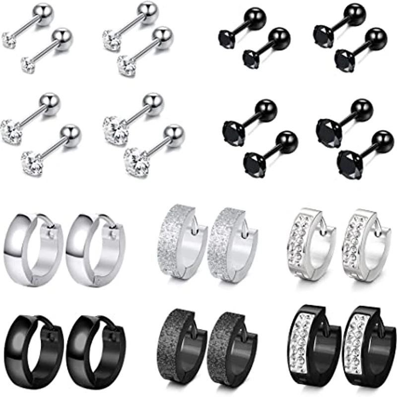 14 Pairs Stainless Steel CZ Stud Earrings for Mens Women Hoop Huggie Earrings Ear Cartilage Tragus Helix Piercing Earrings