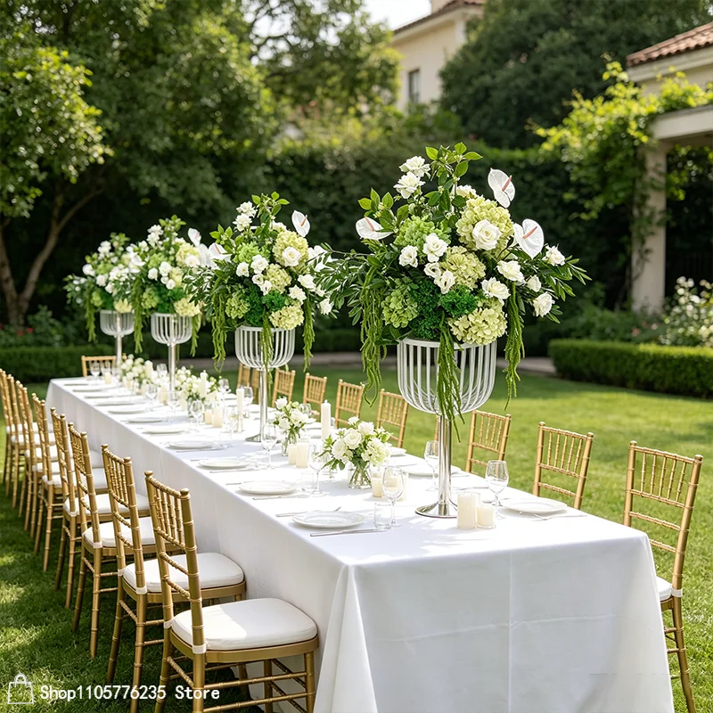 Weiß-grünes künstliches Hochzeitsblumenarrangement aus Rosen und Hortensien, Bodenblumen-Centerpiece für Hochzeitsgang, Bühne, Party und Heimdekoration – Detail 4