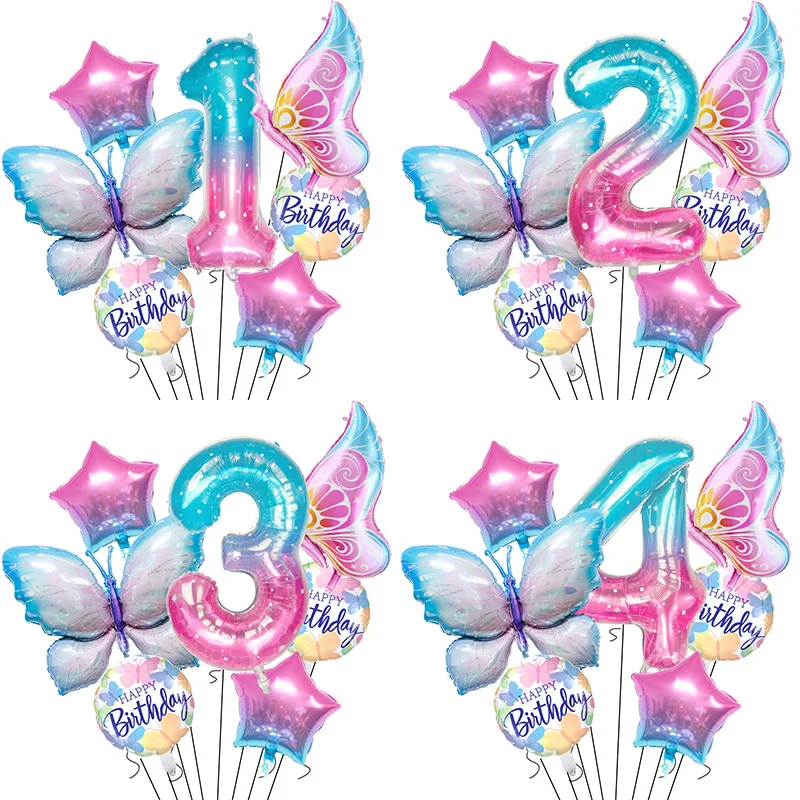 Butterfly Star Vigital Balloon Set Gradient Star 0 1 2 3 4 5 6 8 9 Digital Balloon Children's Birthday Party Decoration Balloon