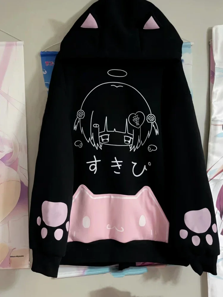 Japanese Cartoon Print Fleece Hoodies Women Harajuku Gothic Cat Ears Hooded Vintage Hoody Streetwear Y2k Aesthetic Sweatshirt