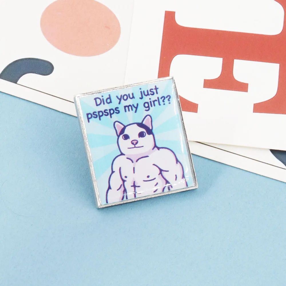 Funny Animal Muscle Cat meme Badge Did You Pspsps My Girl? brooches Bags Clothes Lapel Pins Enamel Jewelry Gifts
