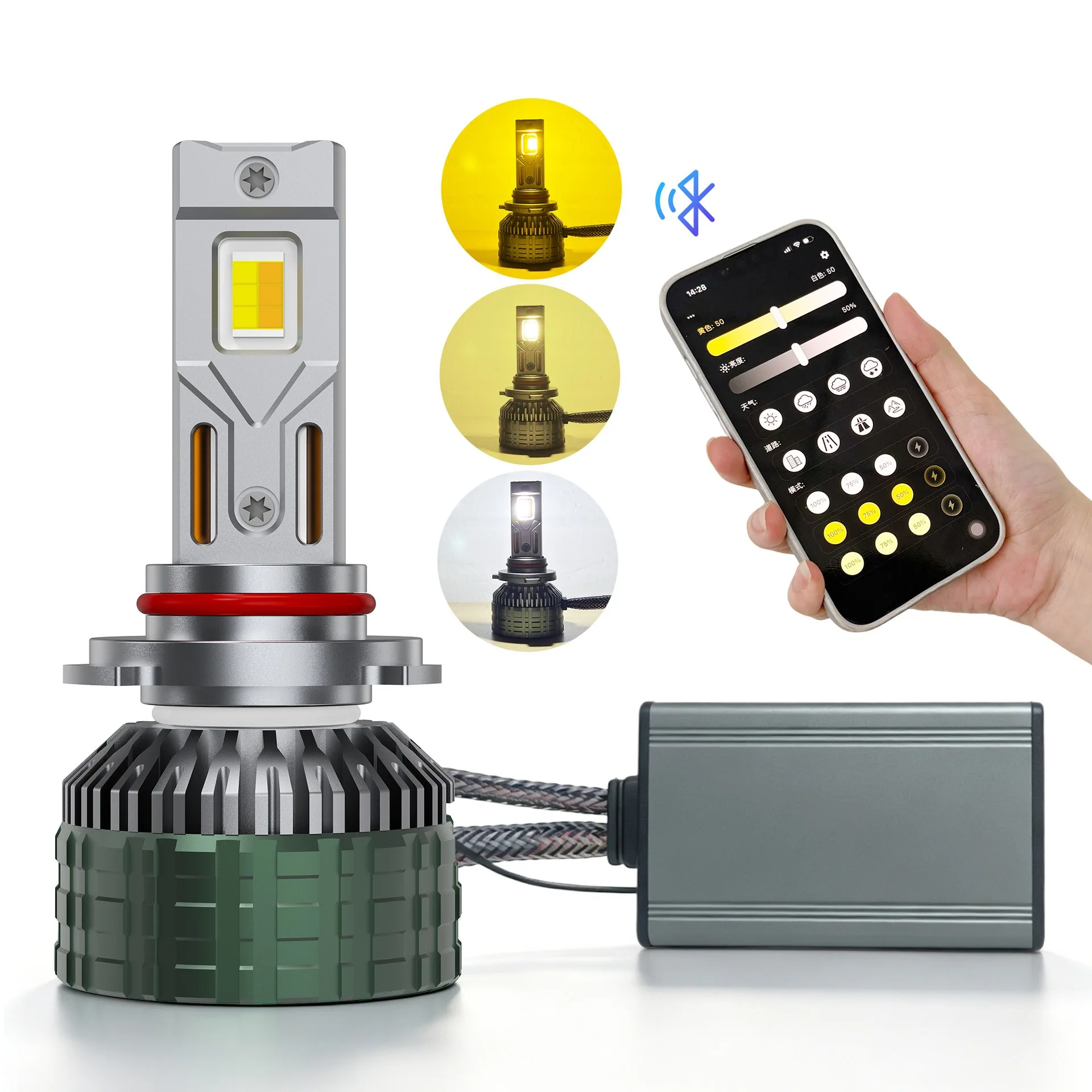LED Headlight Bulbs 85W H7 H8 H9 H11 H16 HB3 HB4 9005 9006 9012 HIR2 Dual Copper Tube with App Bluetooth Tri Color Dimmable Fog