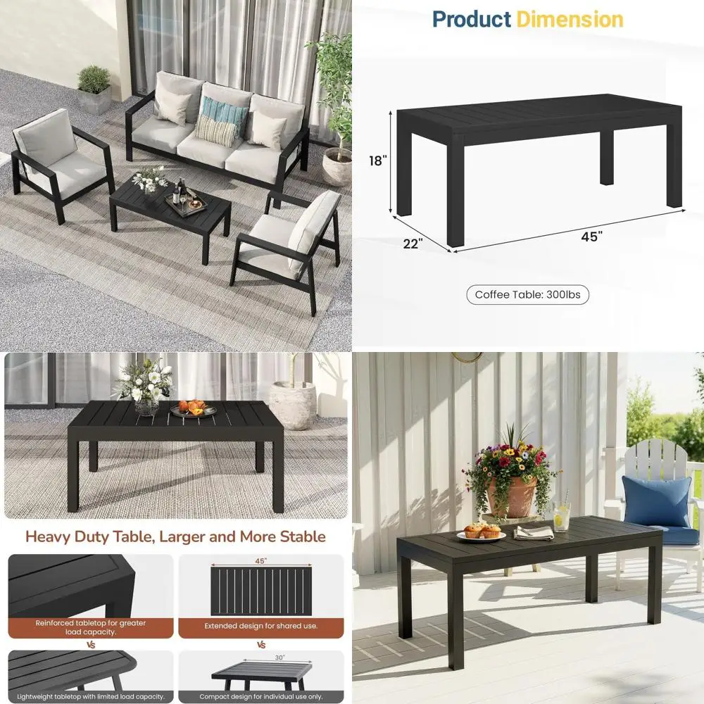 

Modern Black Rectangular Outdoor Coffee Table with Slatted Top, Water-Resistant Metal Patio Side Table for Deck, Porch, Garden,