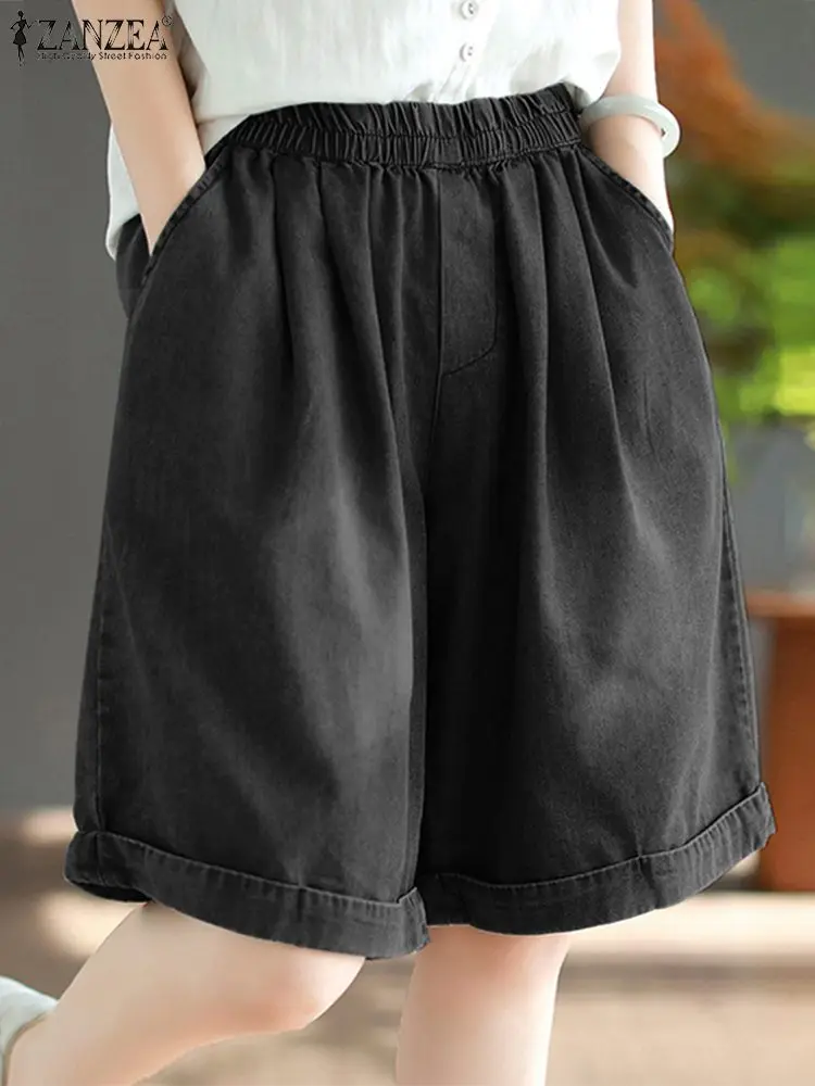 ZANZEA Casual Loose Elastic Waist Shorts Women 2024 Fashion Denim Solid Wide Leg Short Pants Summer Leisure Daily Jeans Trousers