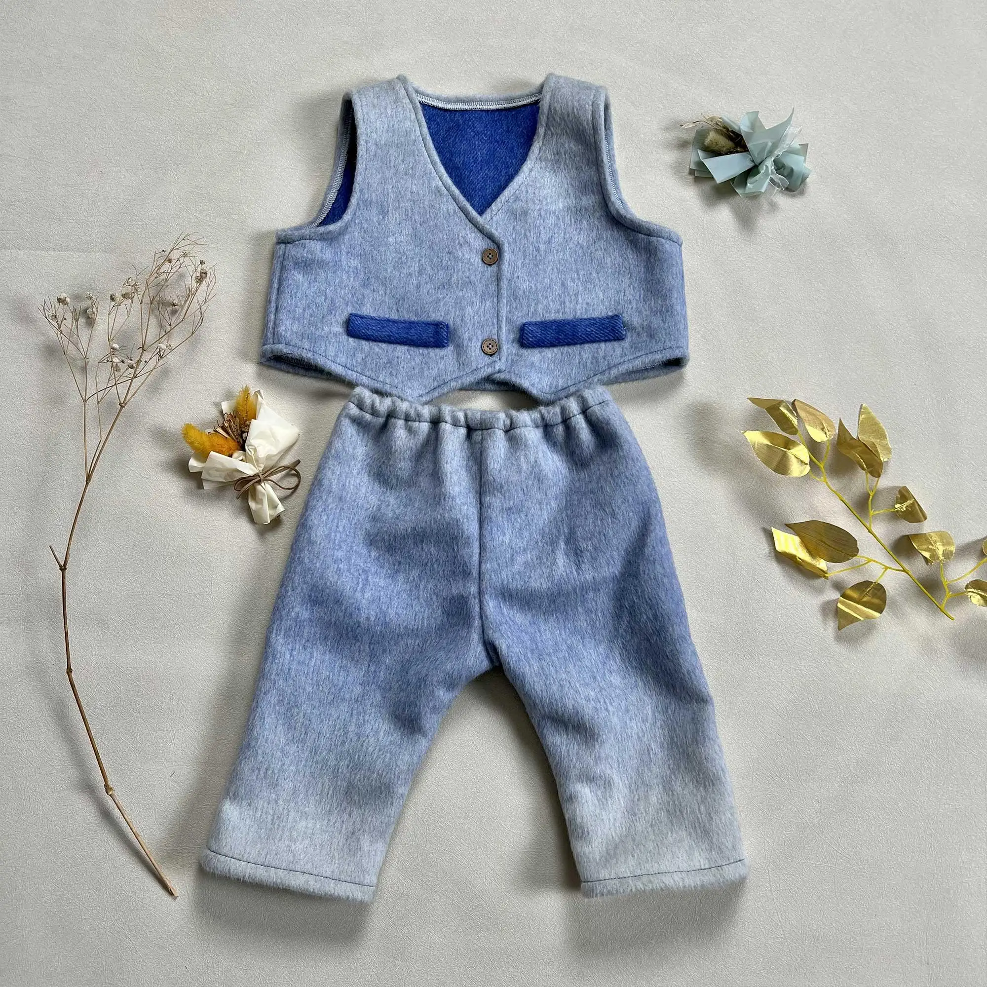 Don&Judy Wool Vest Pants For Little Girl Autumn Spring Light Blue Gradient Thickened Cloth Set For Photo Shoot