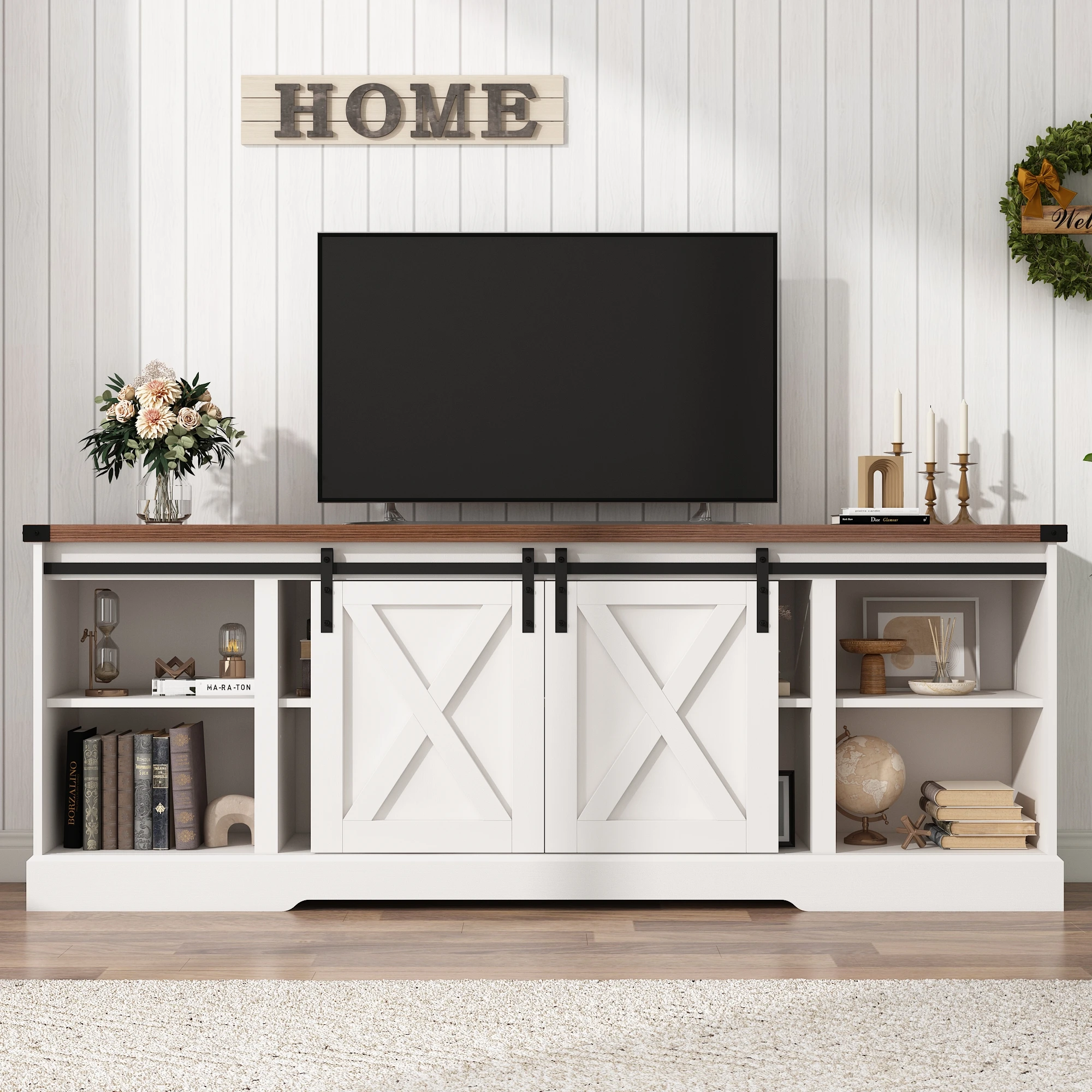 

Fireplace TV Stand for up to 75" TV, Farmhouse Entertainment Center Suitable for 36" Fireplace, 70" Media Console Cabinets