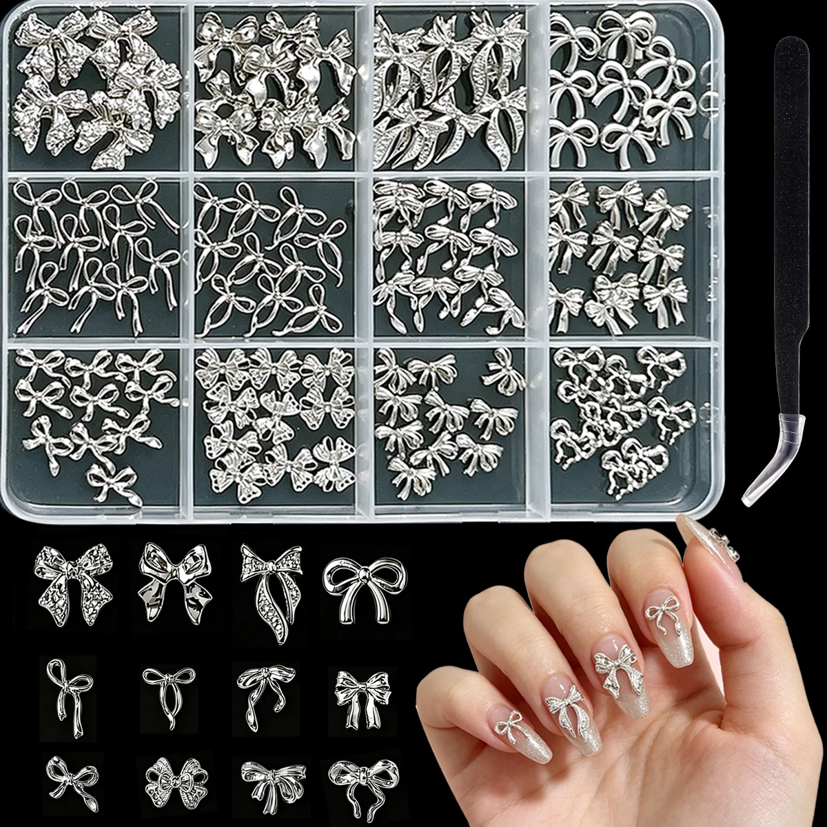 

1Box 3D Sweet Irregular Bows Alloy Nail Charms Light Luxury Exquisite White K Ribbon Bow Nail Art Decorations DIY French Nails
