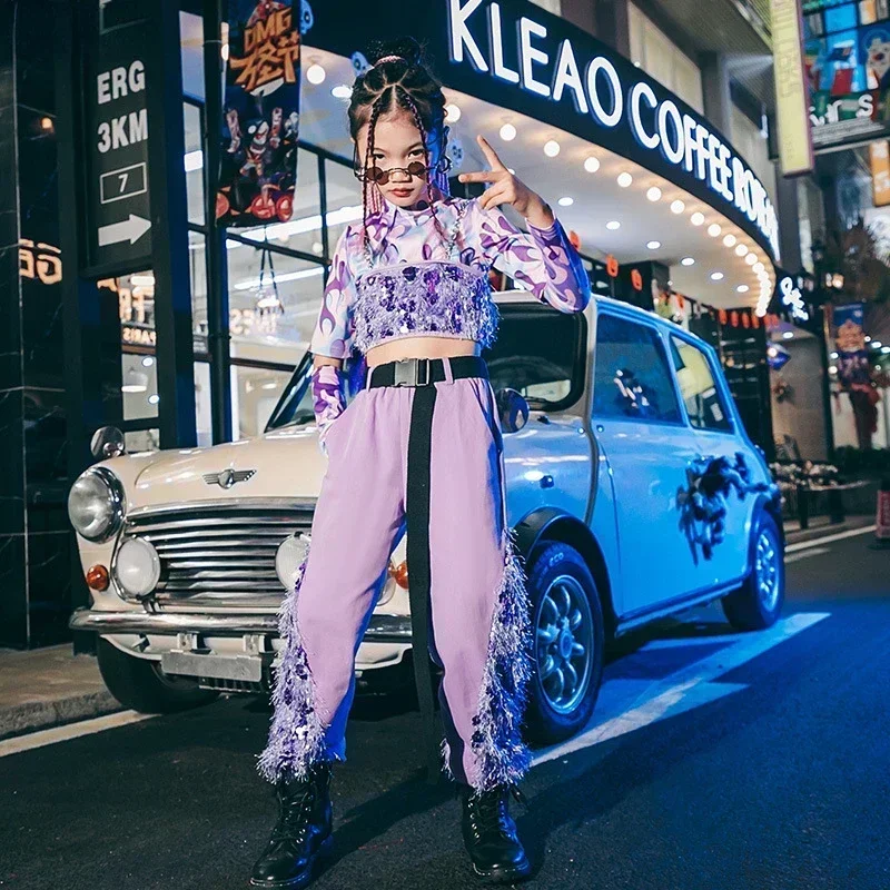 

Детская уличная одежда в стиле хип-хоп, укороченный топ для девочек, фиолетовая куртка с пайетками, одежда для бега, наряд, детский модный костюм, брюки для уличных танцев для подростков